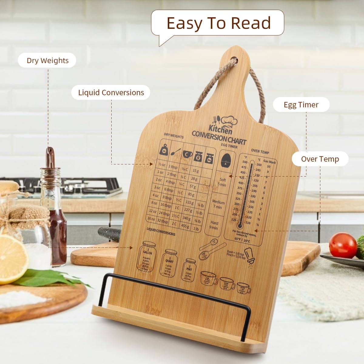 Cookbook Stand, Wooden Cookbook Holder with Measurement Conversion Chart, Adjustable Cook Book Stand for Kitchen Counter, Recipe Book Holder Stand