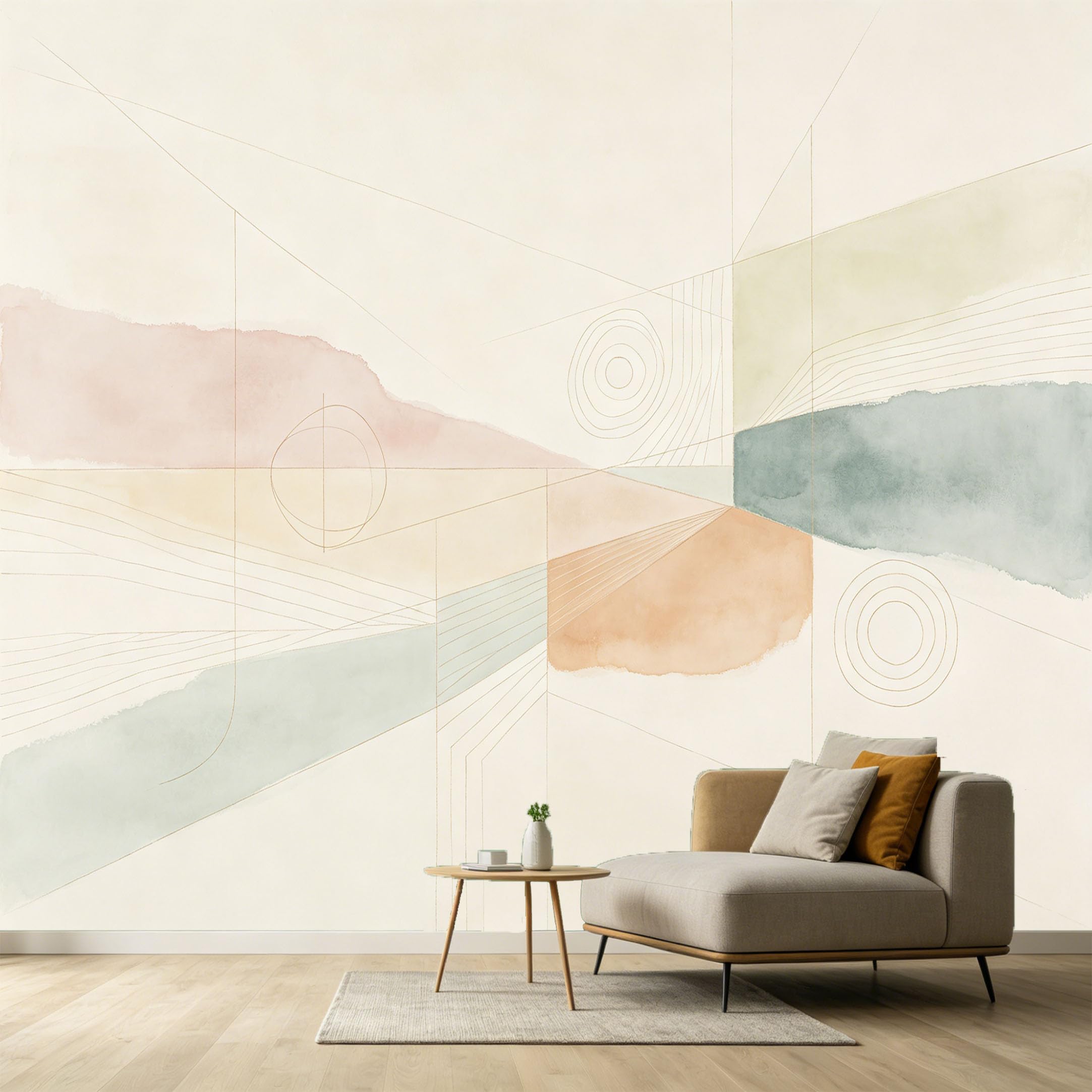 Custom Size Wall Murals Abstract Minimalist Geometric Watercolor Modern Lines Circles SelfAdhesive Wall Fabric Removable Large Wallpaper for Photo Living Room