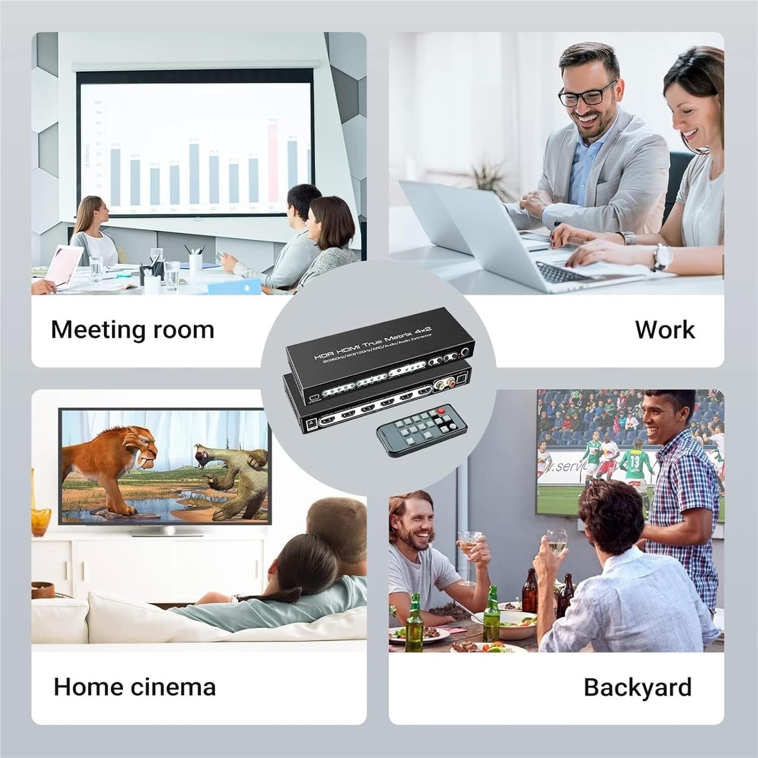 HDMI2.1 8K HDR HDMI True Matrix Switch 4x2 Supports 4k 120hz Dolby Vision with Optical L R Audio Extractor ARC for Computer(with US Plug)