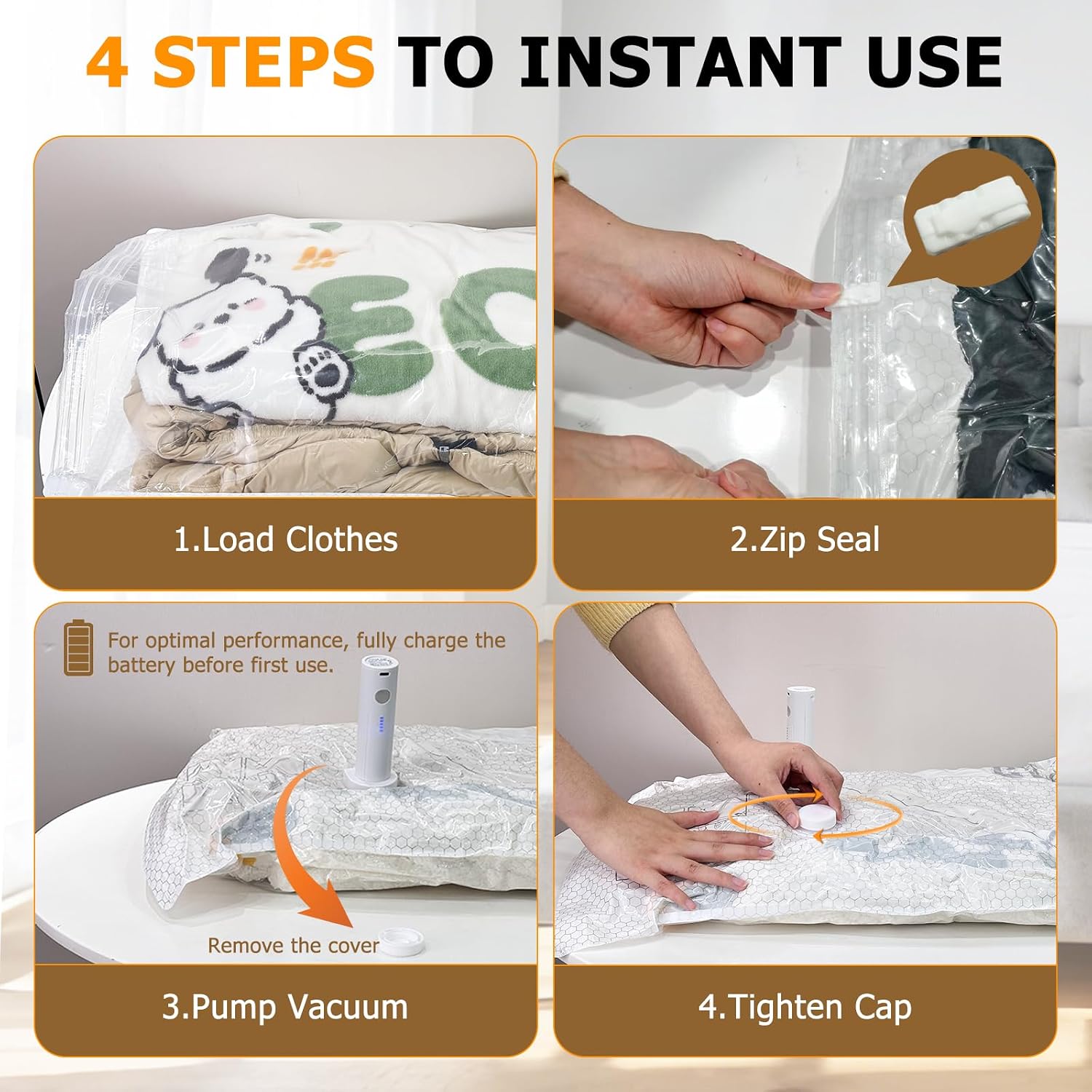 Vacuum Seal Bags for Clothing with Wireless Electric Pump, 15 Pack in 3 Size for Space Saver Storage Bags for Travel & Home Use, Ultimate Vacuum Bags for Luggage, Closet Organizer
