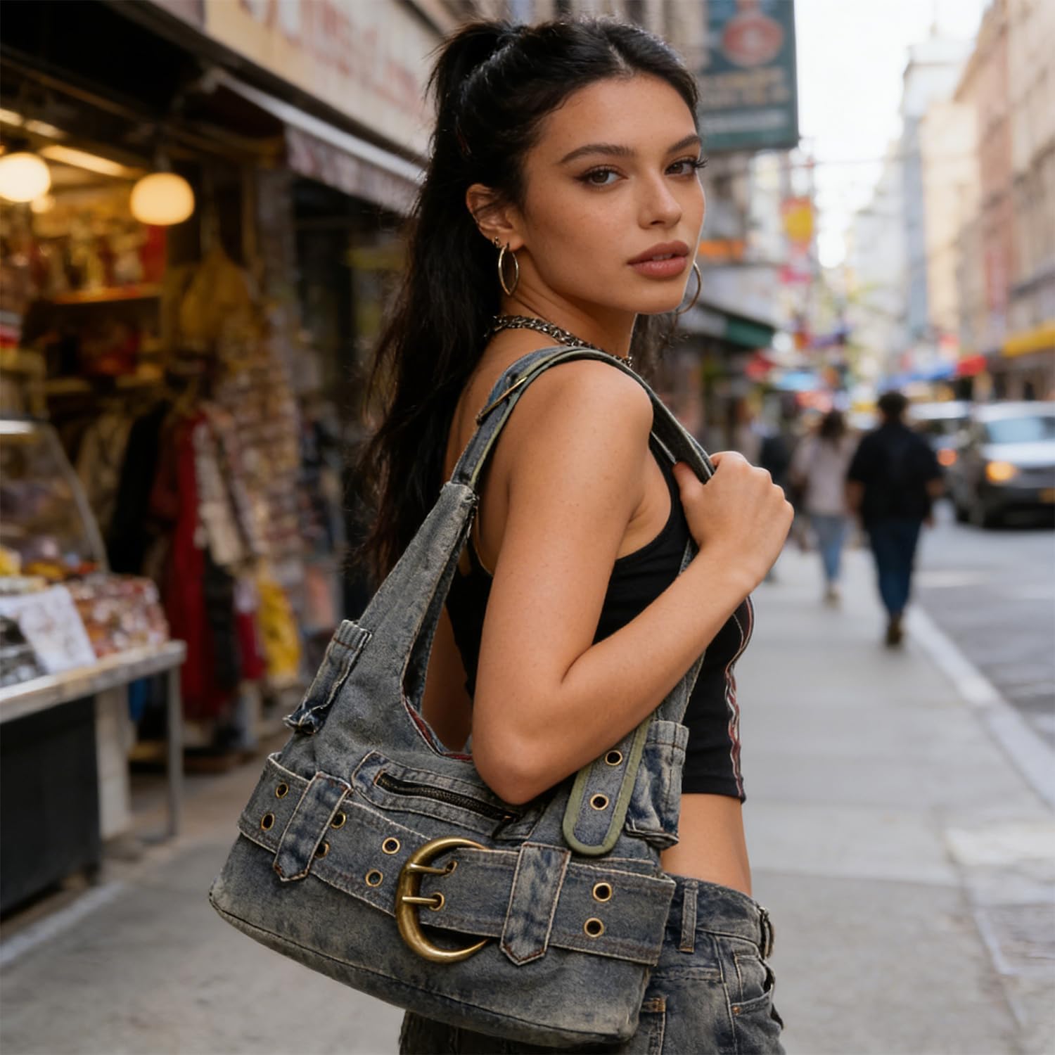 Women’s Vintage Washed Denim Hobo Shoulder Bag - Y2K Retro Style Purse with Belt Buckle & Zipper Pockets, 36×20×9cm, 0.4kg, for Casual Daily/Grunge Outfits
