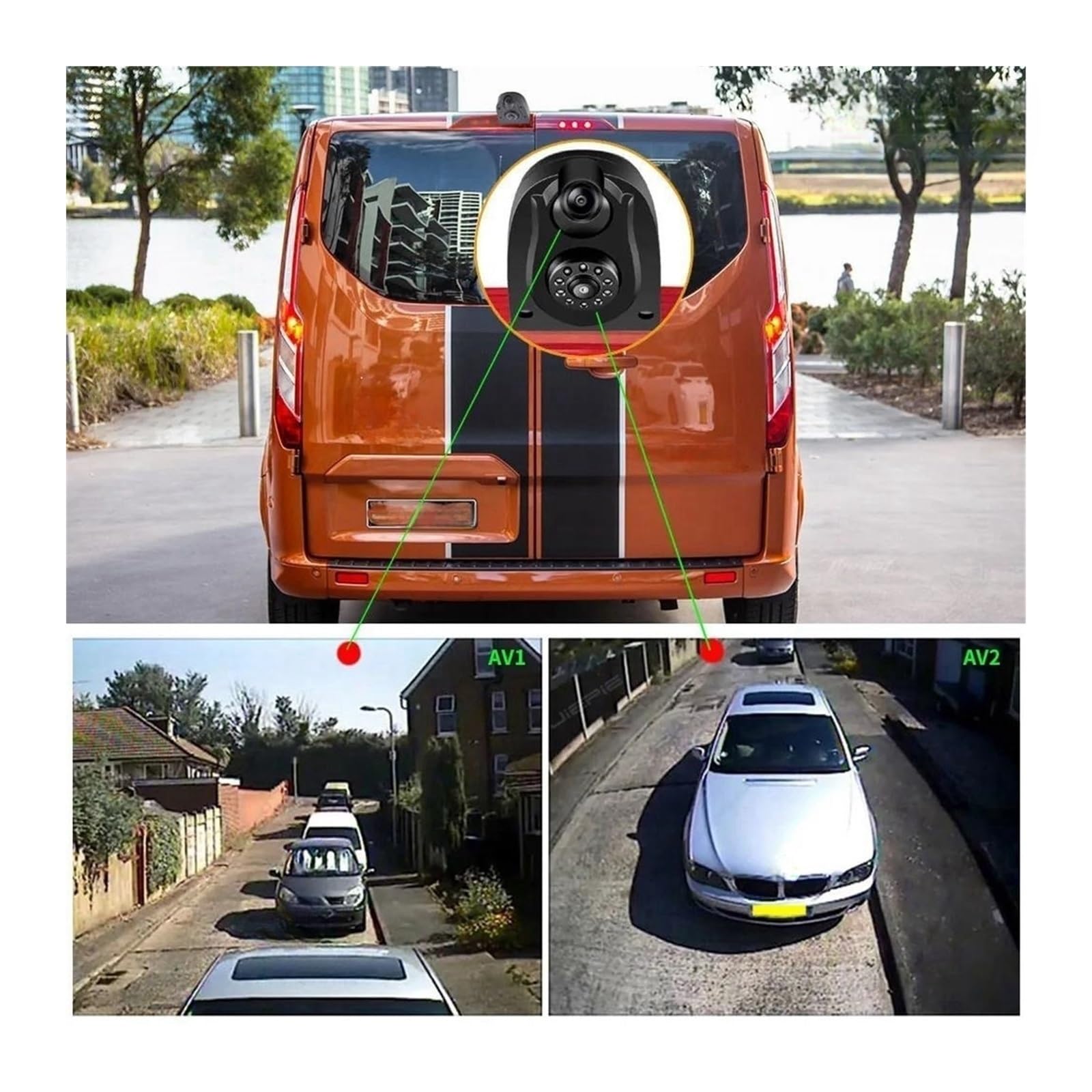 Kamera cofania z dwoma obiektywami z wbudowanym światłem stop, kompatybilna z modelami Transit i Custom (wersja LED) od 2016 do dzisiaj.