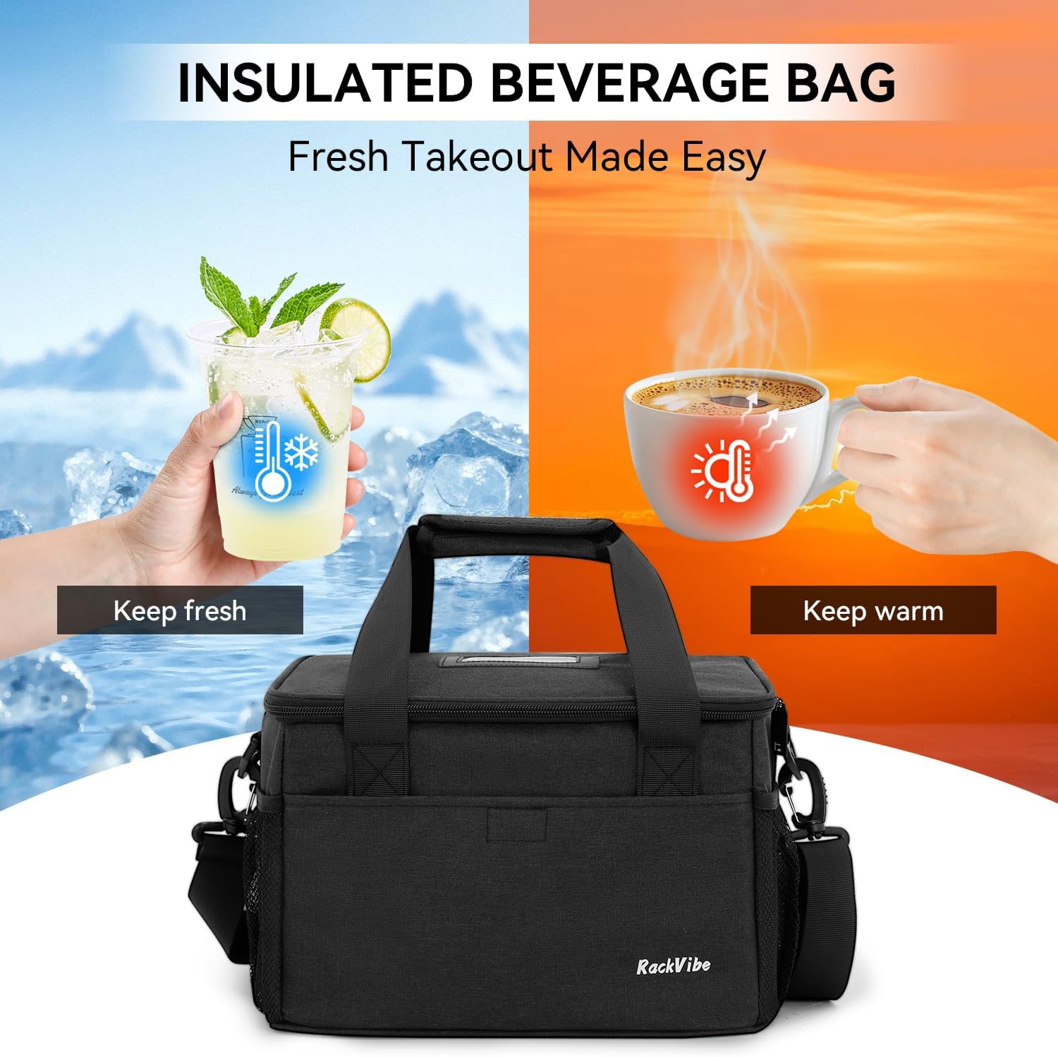 6 Cups Drink Carrier for Delivery, Insulated Drink Carrier, Reusable Cup Holder with Handle, Adjustable Dividers, Shoulder Strap, Portable Cooler Tote Bag for Delivery, Outdoors, Travel, Car (Black) - Image 5