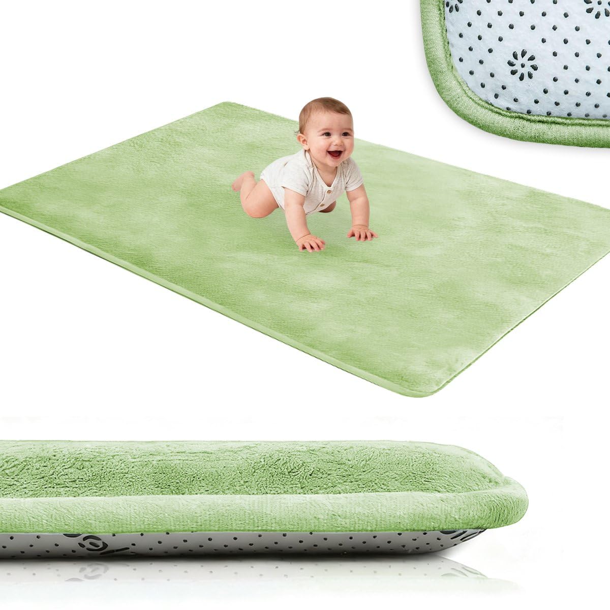 Voxirum Coral Velvet Area Rugs Play Mat Carpet Crawling Mat 2cm High-Density Memory Foam Area Rug for Nursery Baby Toddler Children Kids Room, Yoga Mat Exercise Pads Light Green, 120 x 250 cm