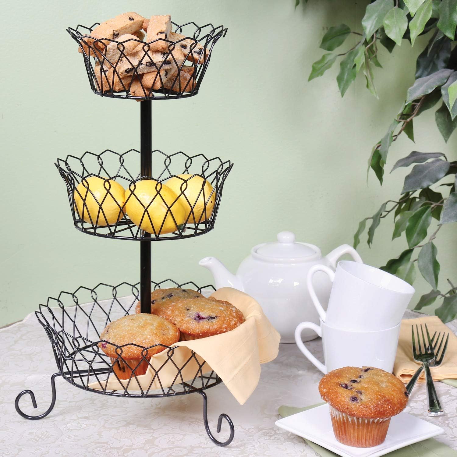 HOME DISTRICT 3-Tier Fruit Basket Stand - Footed Iron Wire Graduated Food Storage Bowls for Countertop and Dining Table, 17" H, 9.5" Dia.