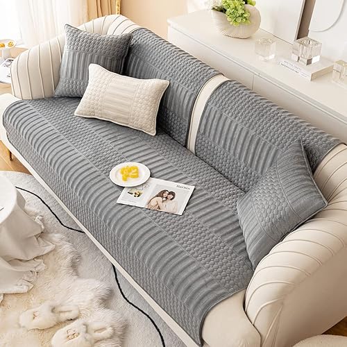 Miniatura 4 de vctops Funda de sofá de felpa de terciopelo de lujo antideslizante con patrón geométrico acolchado para sofá modular, color liso, suave y cálida,
