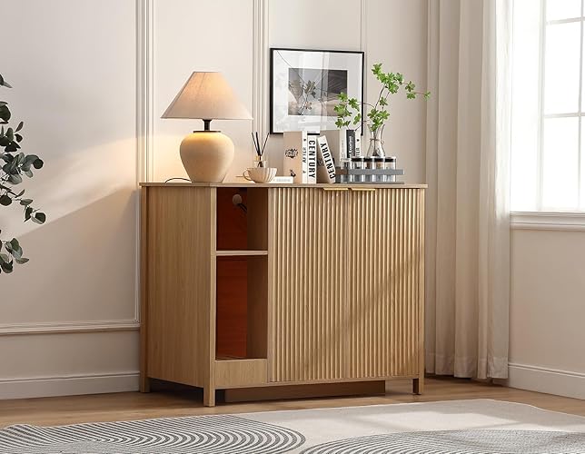 Forest Gravity Large Fluted Cat Litter Box Enclosure with Litter Collector,Cat Litter Enclosure for Self-Cleaning Litter Boxes,Adjustable Shelf for Dog Proof,Power Outlet,Wooden Cat House,Natural - Large - Natural