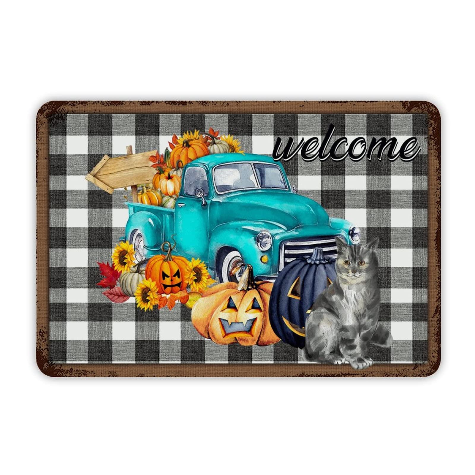 ENEDNATE Farmhouse Man Cave Metal Sign Black and White Buffalo Plaid Halloween Truck Gnome Retro Aluminum Tin Metal Signs for Indoor & Outdoor Yard Office Kitchen Living Room Door Home Décor 8"x12"