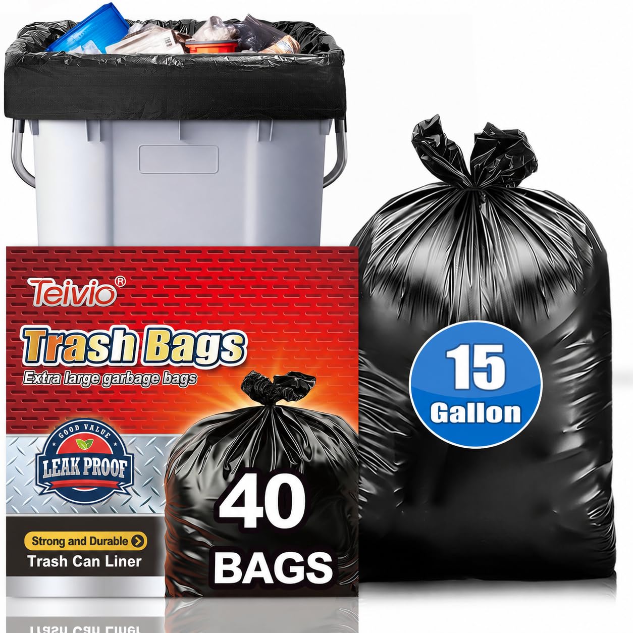 Teivio Black Large Trash Bags, 15 Gallon, 40 Count
