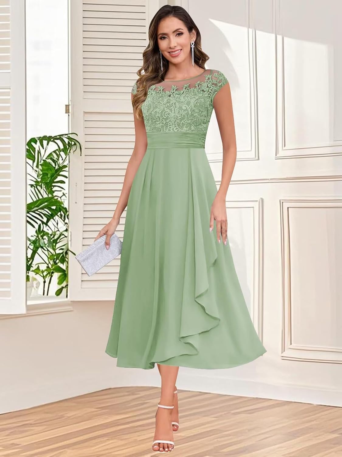 Women's Tea Length Mother of Bride Dresses Cap Sleeve Chiffon Lace Appliques Ruffles A Line Formal Dress