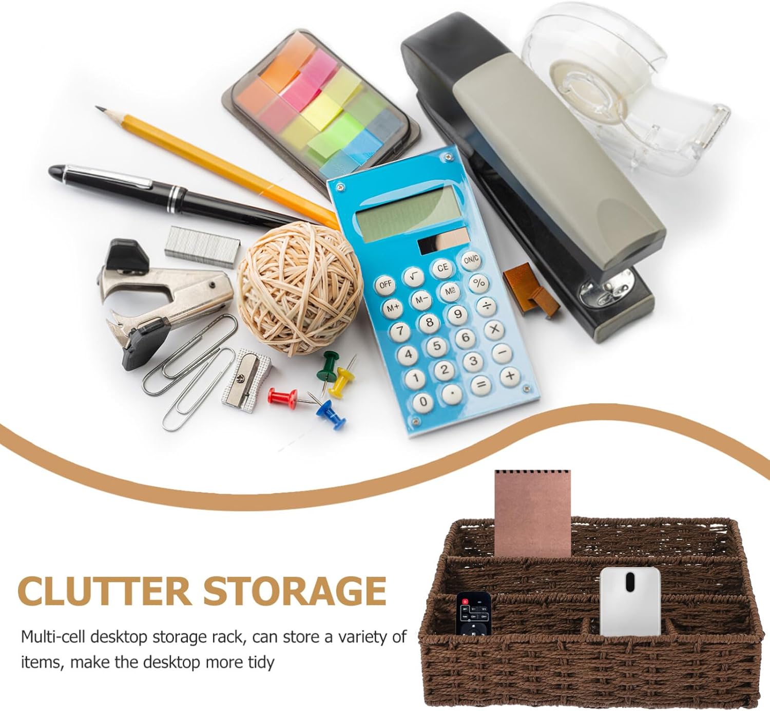 Cabilock Rectangle Wicker Storage Basket, Desktop Woven Storage Basket, Divided with 5 Compartments, Small for Organizing, Sundries Organizer for Home Office (Coffee)