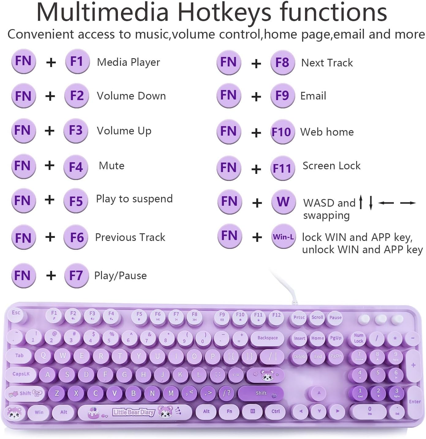 Computer Keyboard Wired, Retro Style Keyboard with Round Keycaps,104 Keys Quiet Light Up Keyboard,for Windows Notebook PC (Purple)