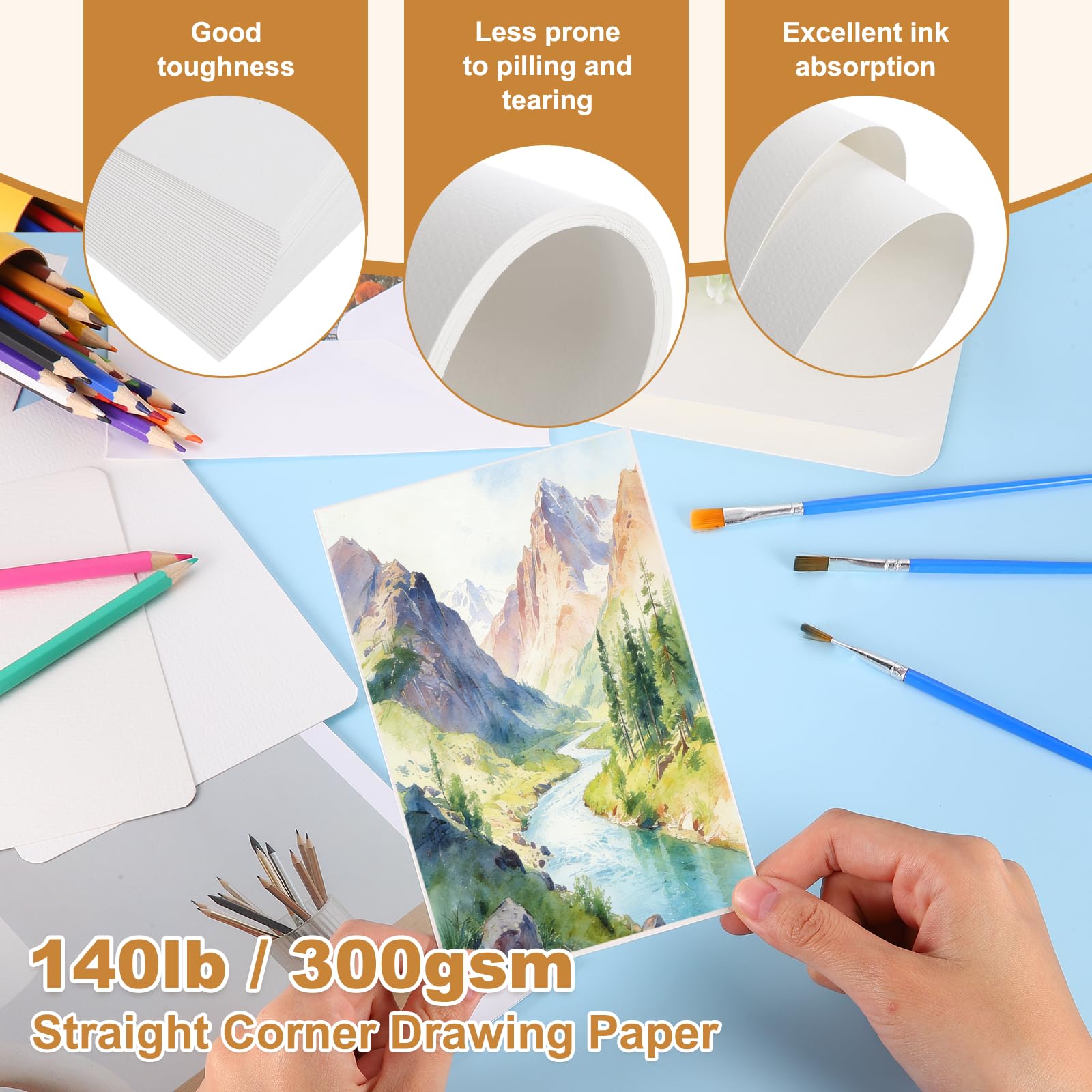 MECCANIXITY Lot de 40 feuilles de papier aquarelle avec enveloppes, 17,8 x 25,4 cm, 63,5 kg/300 g/m², papier aquarelle presse à froid pour carnet de croquis, journal (coin droit)