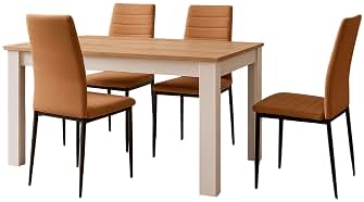 Juego de Comedor Mesa Extensible y 4 Sillas, Juego de Mesa Extensible y 4 Sillas, Mesa Rectangular Color Roble Canadian y Blanco Artik