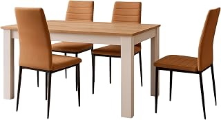 Juego de Comedor Mesa Extensible y 4 Sillas, Juego de Mesa Extensible y 4 Sillas, Mesa Rectangular Color Roble Canadian y Blanco Artik