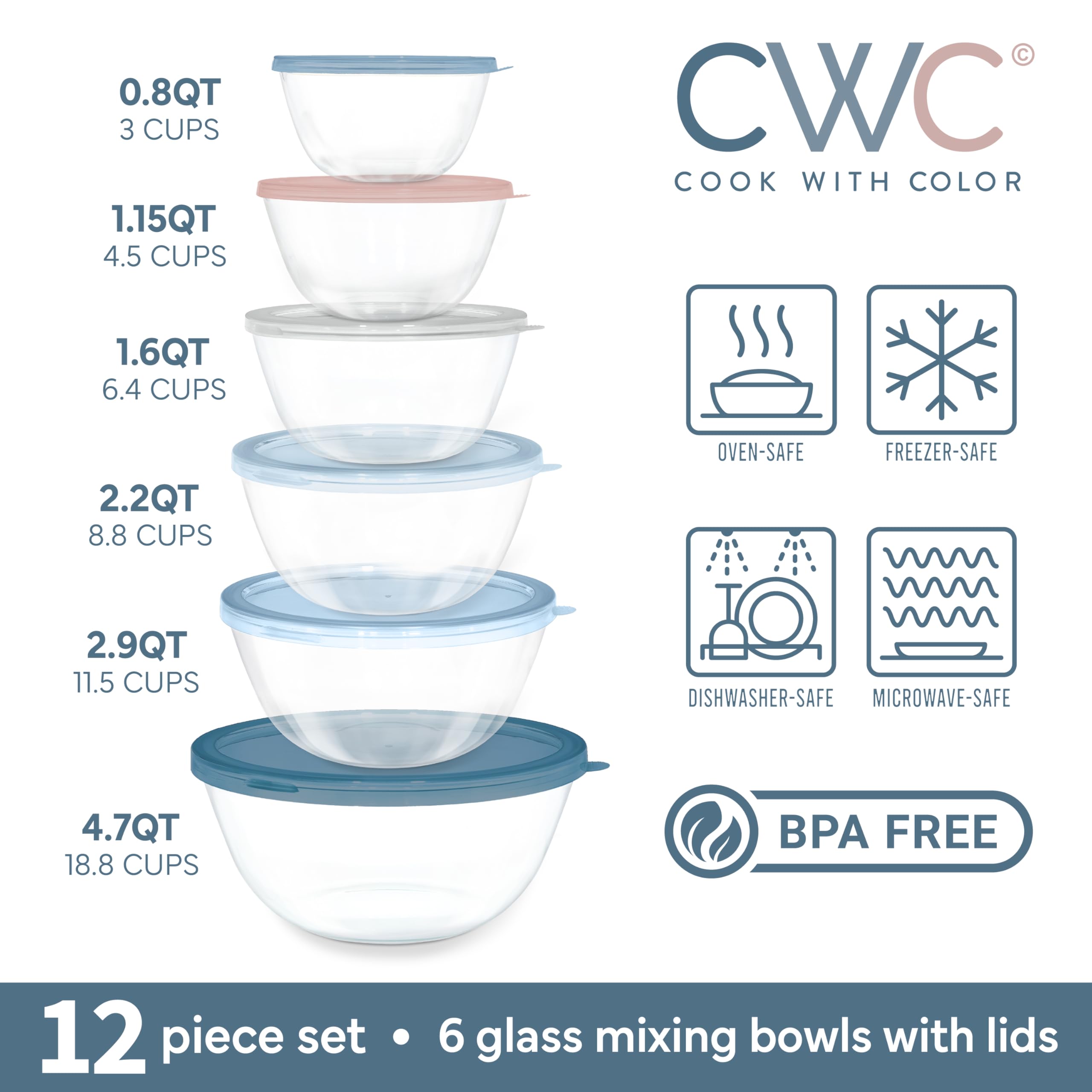 COOK WITH COLOR 12 Stück Rührschüsseln aus Borosilikatglas mit Deckel zum Kochen, Backen und Zubereiten von Mahlzeiten (blau/rosa)