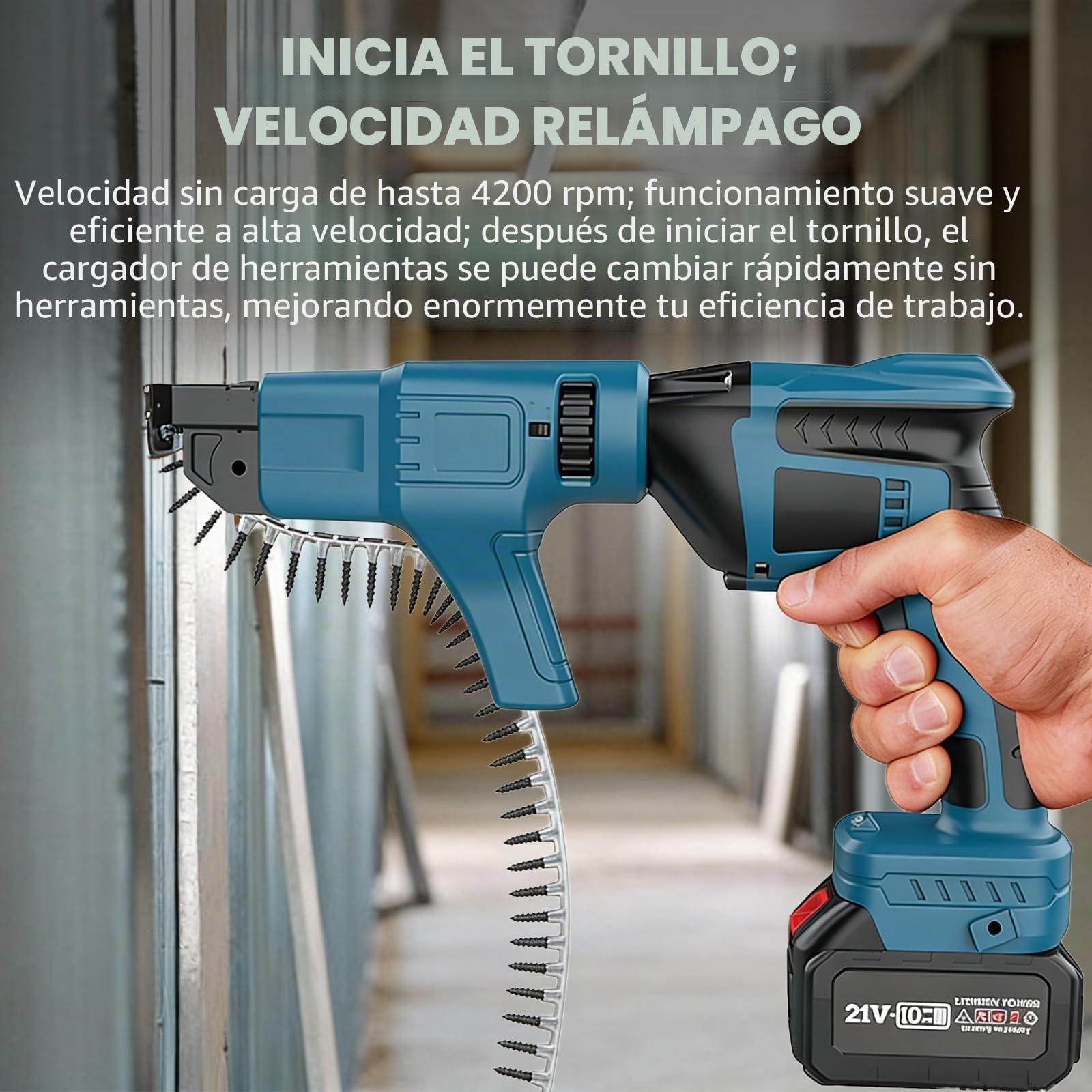 Atornillador inalámbrico para pladur, atornillador con cargador de tira y alimentación automática, batería de 3000 mAh x2, velocidad de rotación 5000 min-1, motor sin escobillas, luz de trabajo LED y