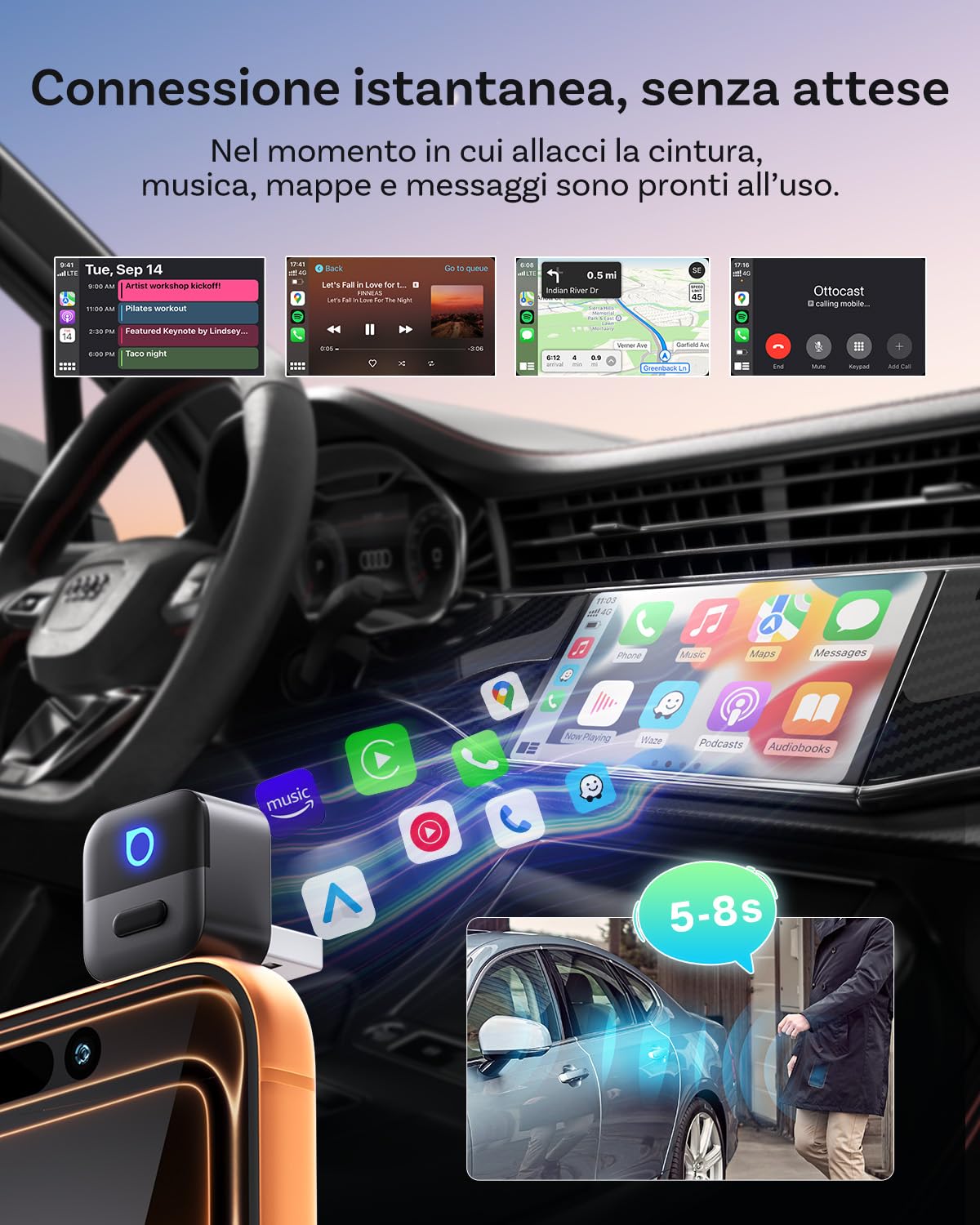 OTTOCAST Mini Pico 2026 Aggiornato, Adattatore Wireless 2 in 1 CarPlay e Android Auto con Adattatore USB-A/C, Cambio Telefono con un Solo Pulsante, Connessione Veloce per Telefoni iOS 10+ Android 11+