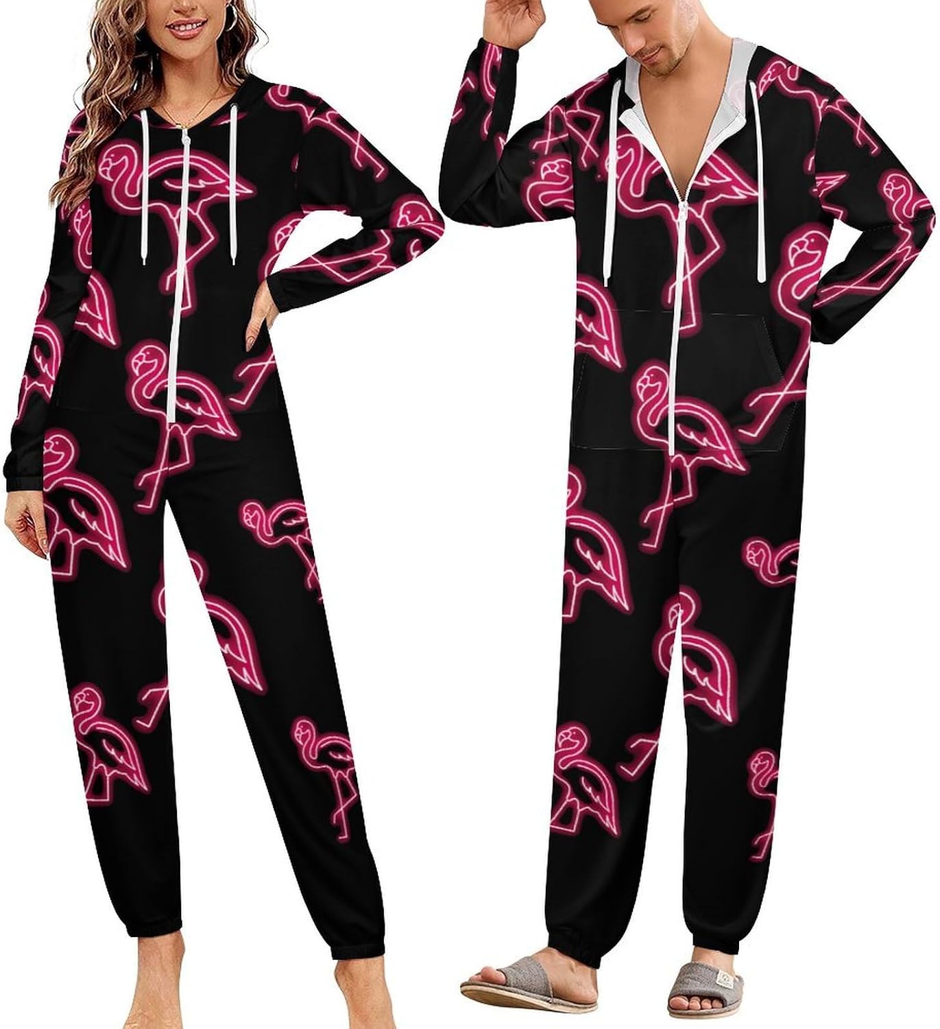 Flamingos Neon Adult Pajamas Onesie with Hood Pocket Jumpsuits One Piece Sleepwear