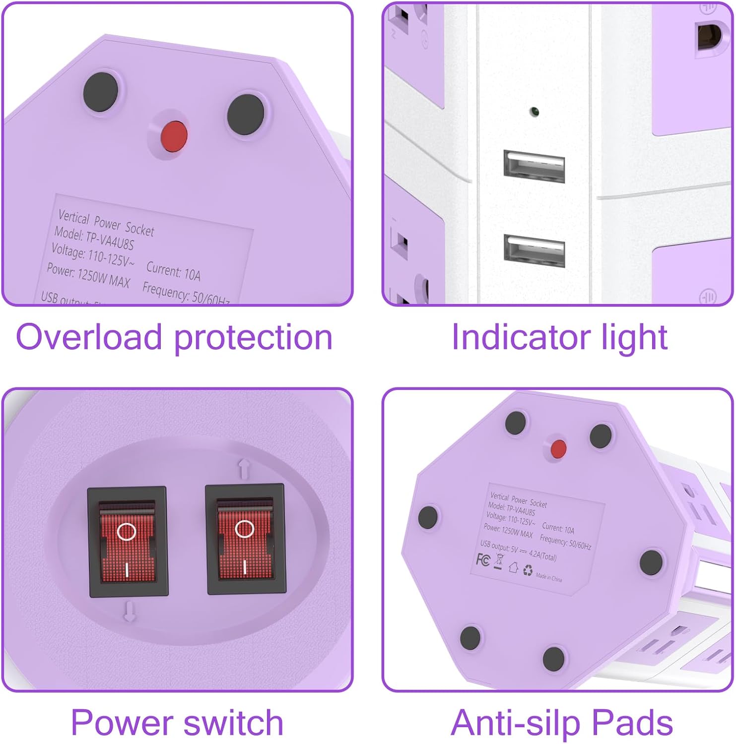 Purple Tower Power Strip with Surge Protection | HITRENDS 8 AC Outlets + 4 USB Ports | 16AWG/15Ft Extension Cord with Multiple Outlets | Space-Saving Design for Office & Home(1625W, 1050J)