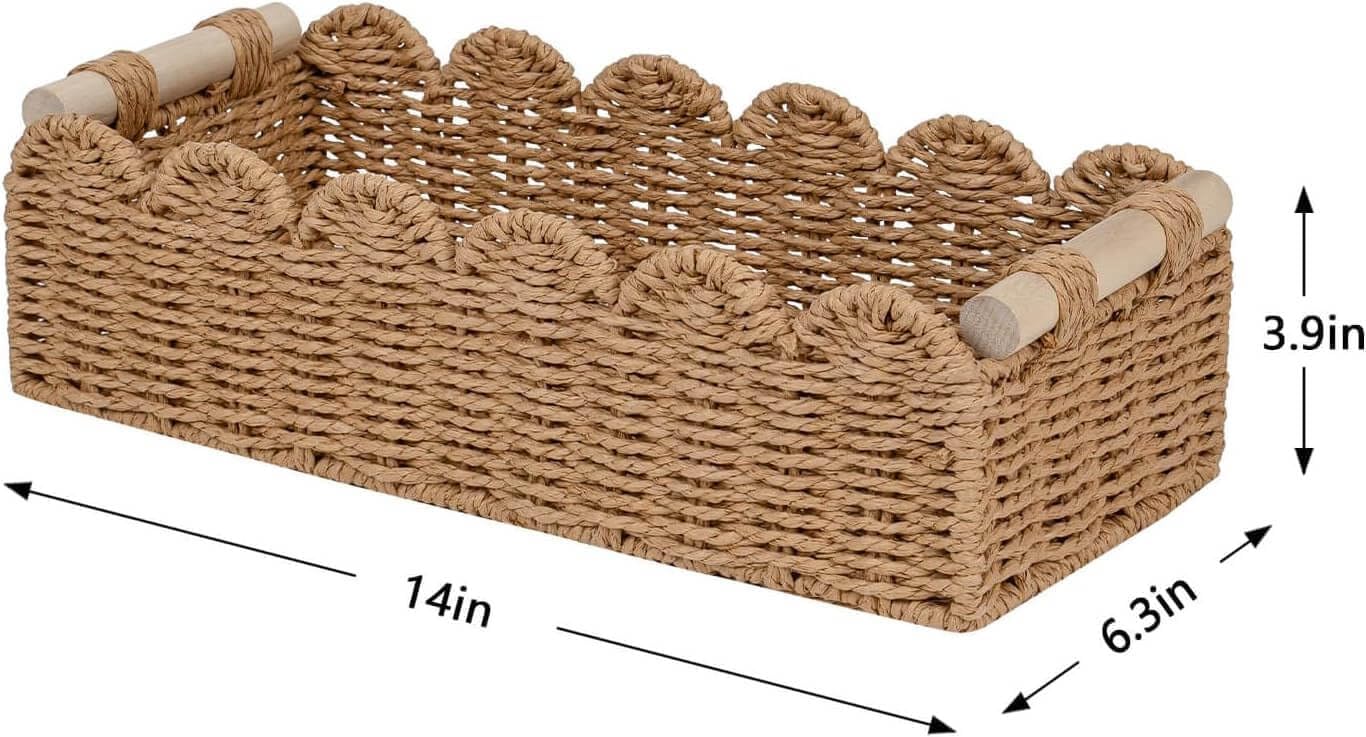 CubesLand Bathroom Basket Organizer, Toilet Tank Paper Storage Baskets 2-Pack, Scalloped Decorative Basket for Countertop w/Handle, Wicker Basket for Bathroom Decor, Home Decor, Living Room, Neutral