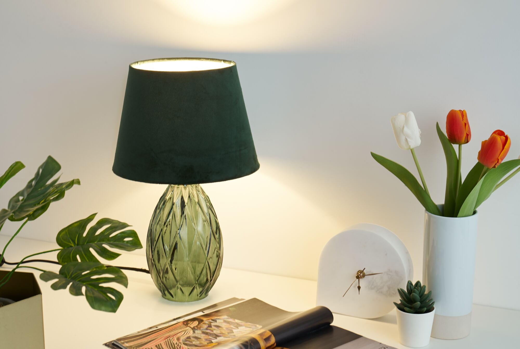 Pauleen 48156 luminaria de sobremesa Crystal Velvet, pantalla de tela aterciopelada, lámpara de vidrio verde, máx. 40 W E14 verde 230 V vidrio/tela