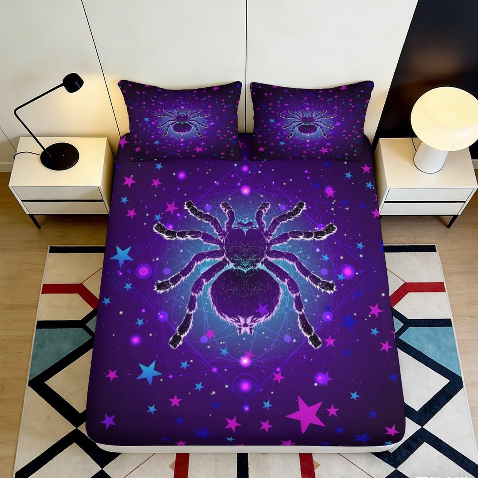 3D Printed Galaxy Spider Fitted Sheet Microfiber Deep Pocket for Bedroom Adults Teens Spider Mattress Fitted Cover Non-Slip 200x200x25cm 90x200x25cm