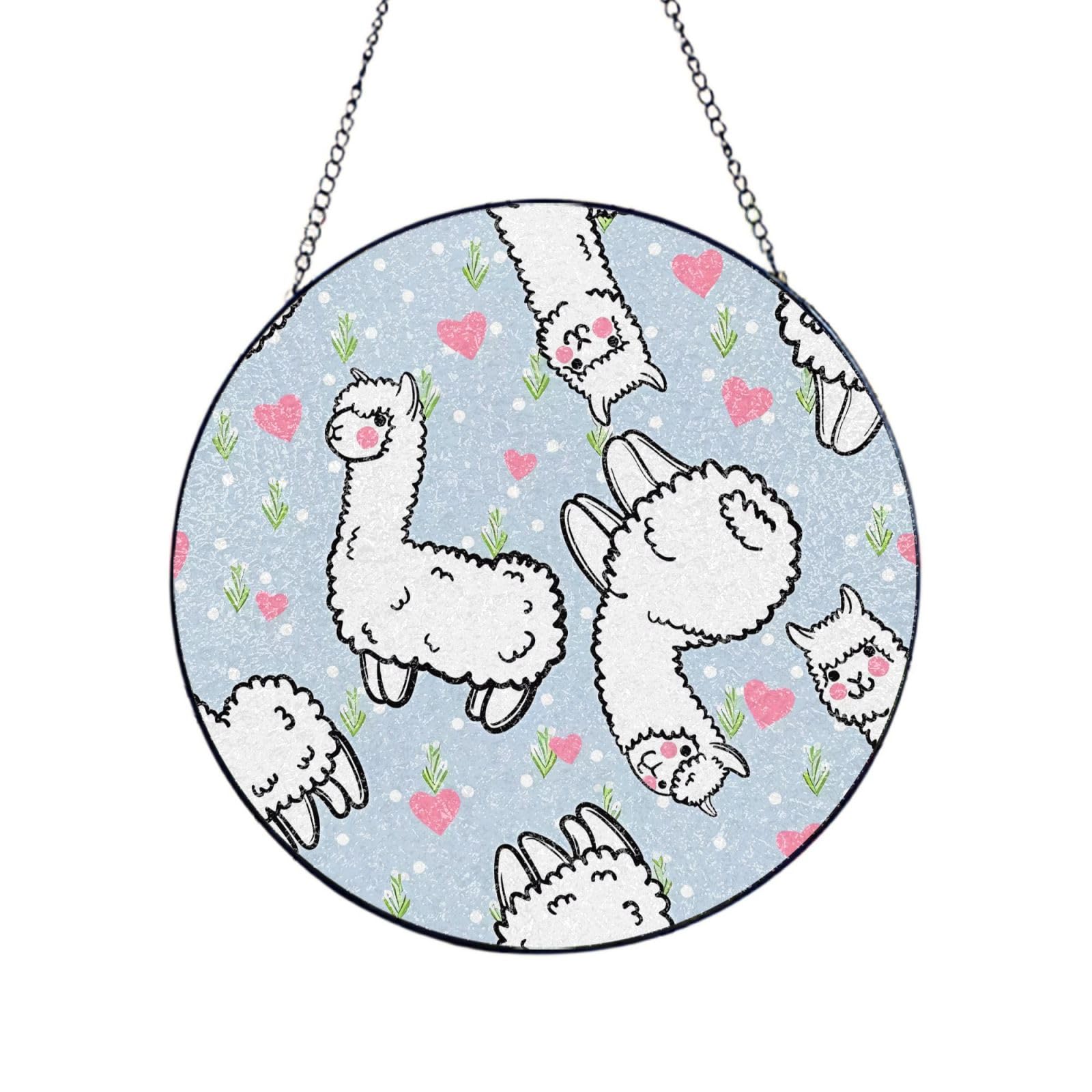 Phayah Cartoon Alpaca Heart Print Glass Window Hanging Sun Catchers Suncatcher Decor For Birthday For Home Garden Porch 4in（10cm）