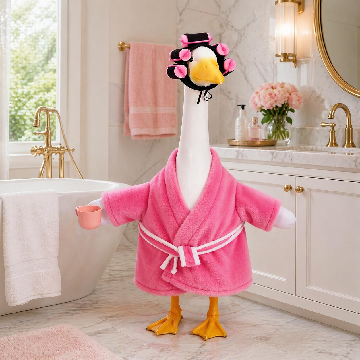 JcHrmers Old Lady Porch Goose Outfits Spring Summer Lawn Goose Clothes for 23'' Cement or Plastic Lawn Goose Statue Costume Bathrobe Coffee Cup Curlers for Outdoor Yard Garden Patio Decor (Pink)