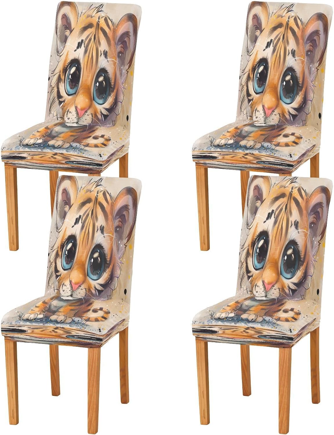 ALAZA Stretch Dining Room Chair Covers, Cute Cartoon Little Tiger Chair Covers Parson Chair Slipcovers Removable Washable for Dining Room Ktichen Ceremony