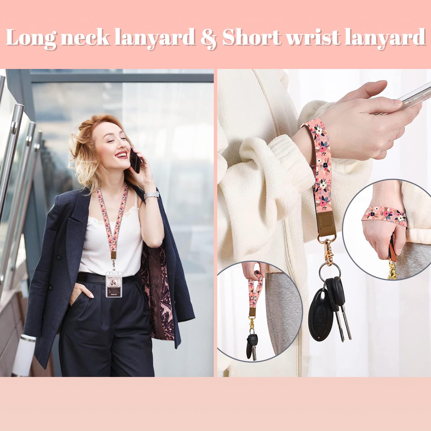 bolimoss Pink Florals Lanyards for Keys Retractable Badge Reel Neck & Wrist Lanyards Keychain Set for ID Badge Holder Cute Key Chain for Women - Image 2