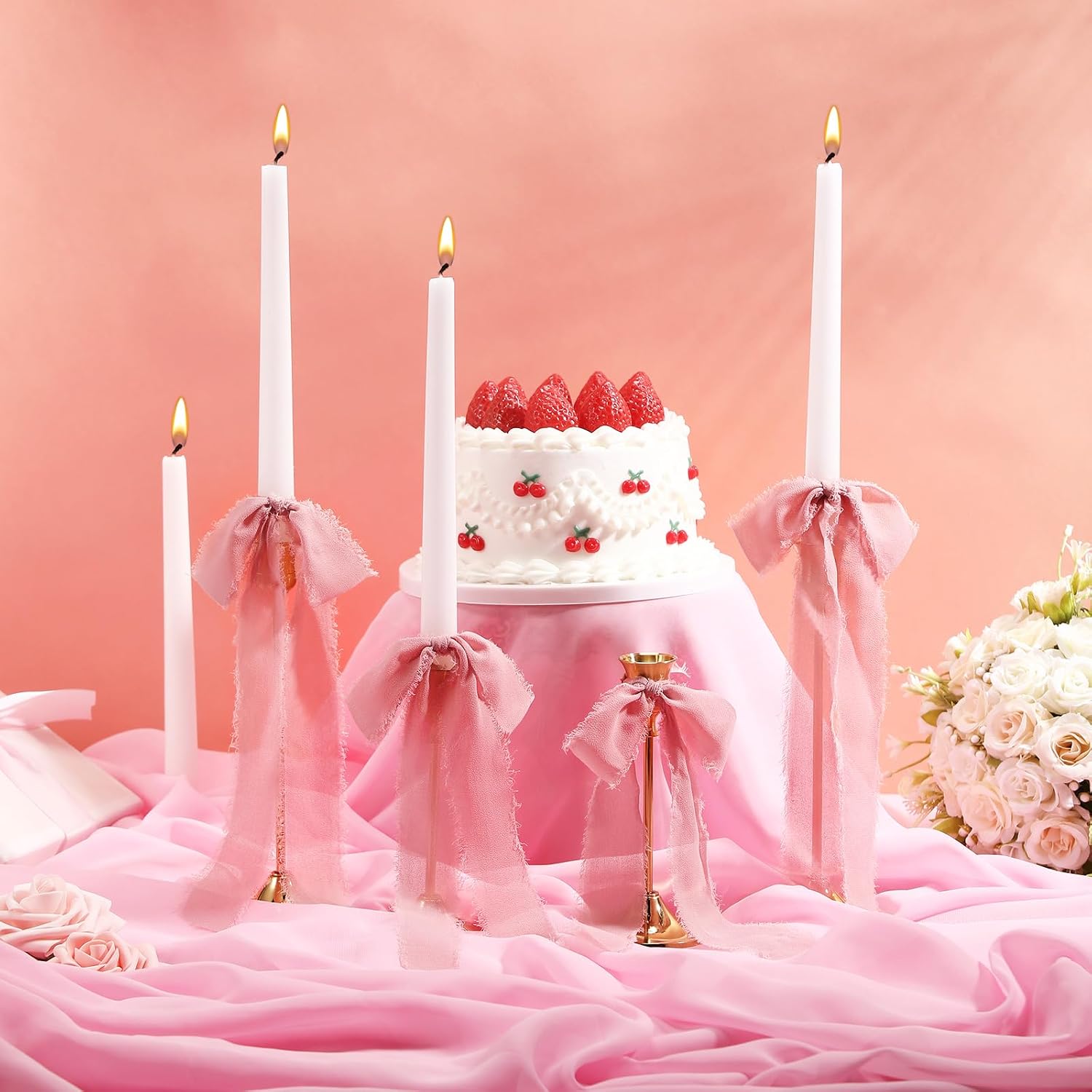 24 Pcs Bows Candlestick Ribbon Decoration Coquette Bows for Cake Birthday Large Tie Bow Ribbon Gift Wrapping Cake Treat Bags for Wedding Birthday Party Baby Shower, 9.5 Inch(Pink)
