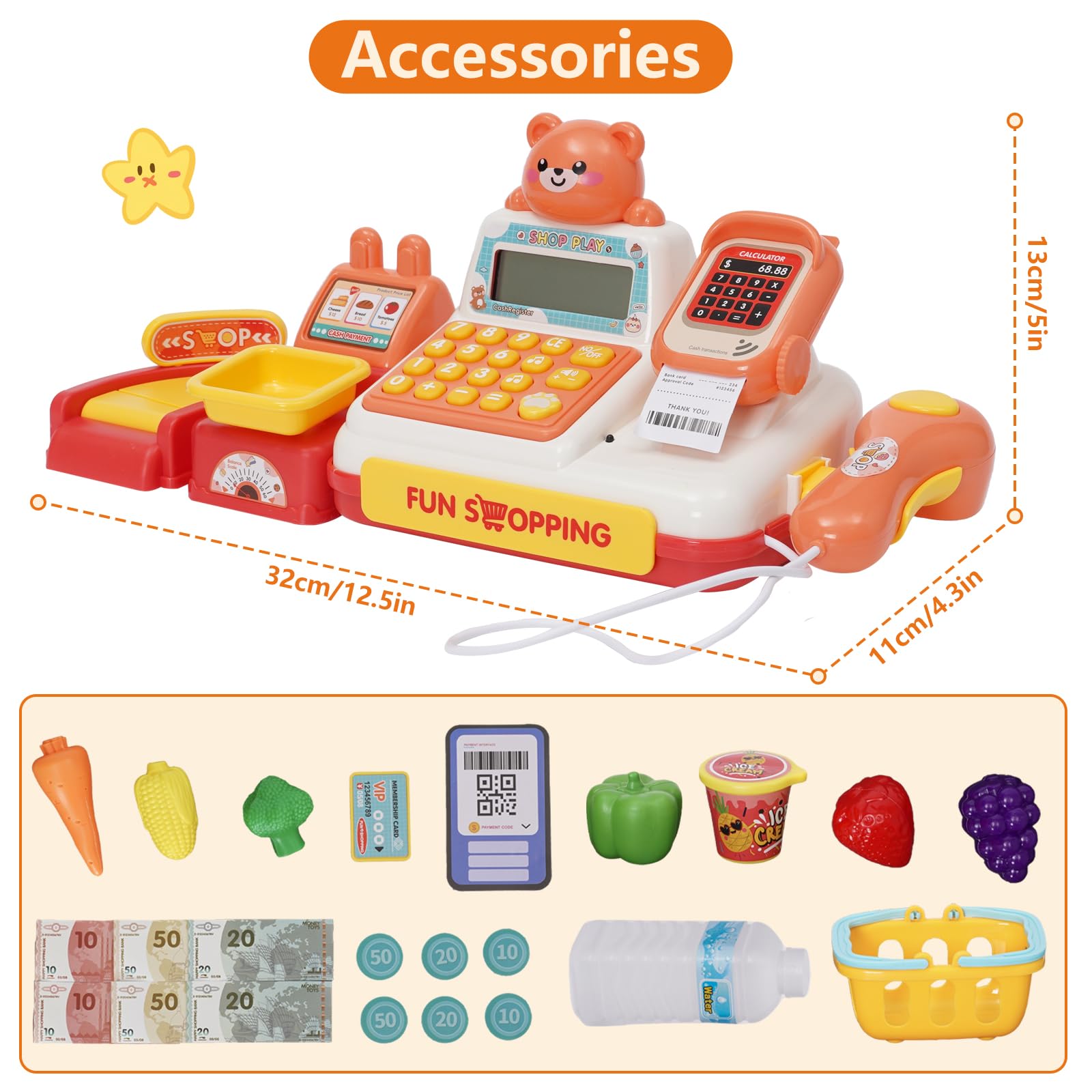 Caisse enregistreuse de Jeu pour Enfants, Mini Caisse enregistreuse Enfants avec Panier à provisions, Caisse enregistreuse Jouet 25 pièces, Accessoires de Magasin Jeu de rôle pour Enfants