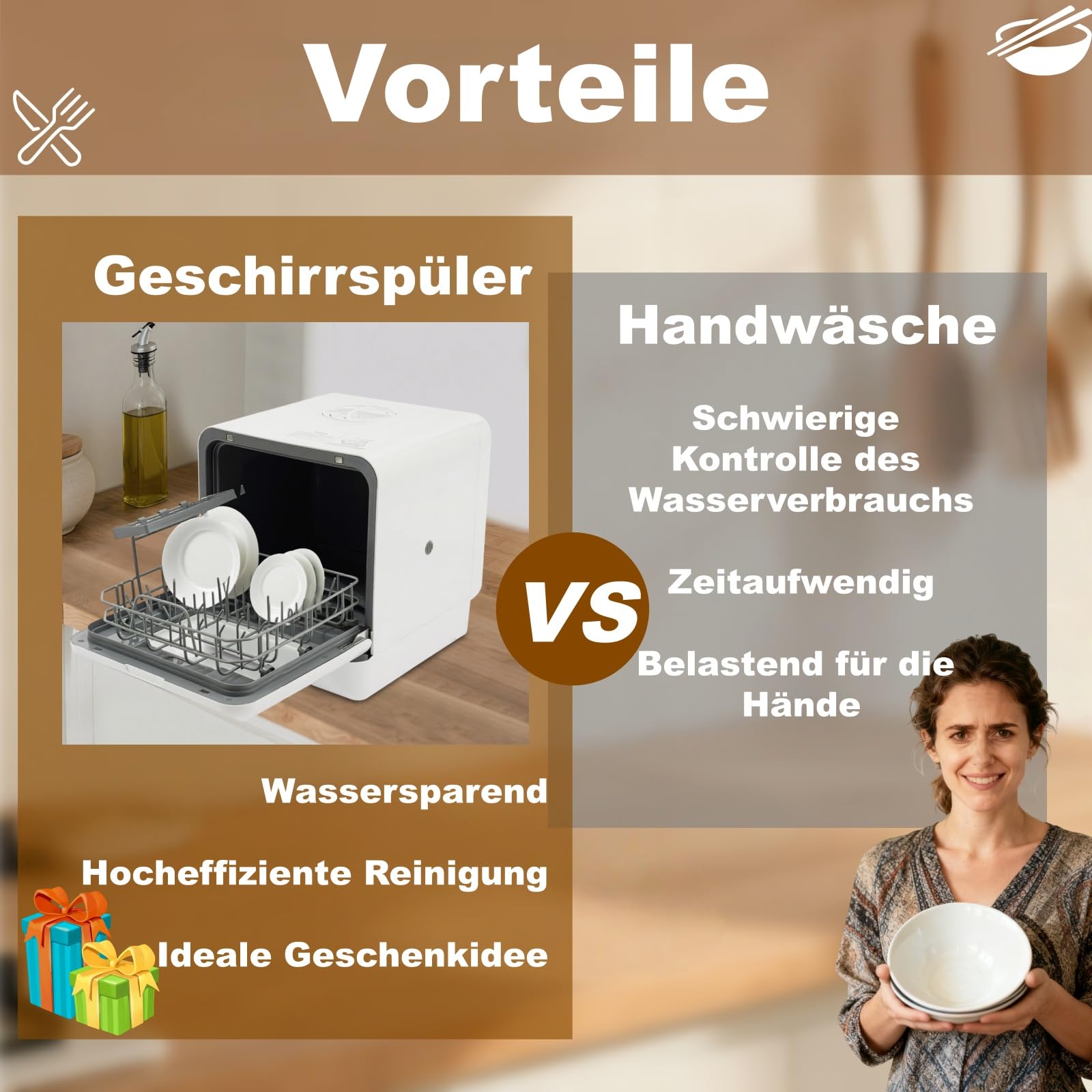 Spülmaschine, Mini Geschirrspüler Tischgeschirrspüler 72℃ mit 4 Waschmodi und 6L Wassertank, 25 mins (Schnell)/ 70 mins (Standard)/120 mins (Stark)/60 mins (Trocken), Dishwasher Touch Control