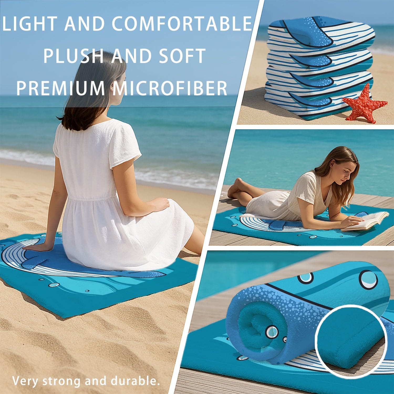 Retro, interessant Strandtuch 230 x 210 cm - Strandtuch trandtuch Leichtdünn Weich Strandtuch Cartoon, Blauwale, Wasserströmungen,für Strand, Pool, Yoga, Picknick