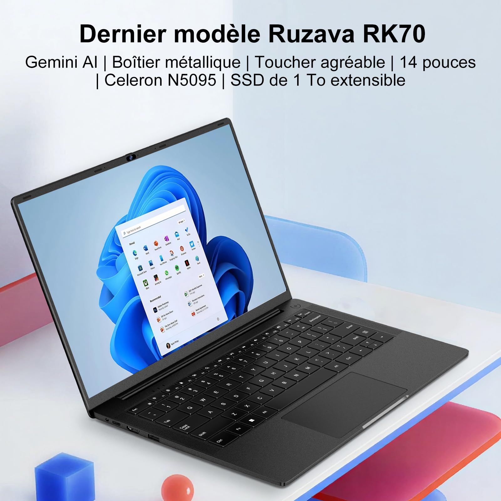 Ordinateur Portable 14 Pouces Celeron N5095 (jusqu'à 2,9 GHz) Win11 8Go 256Go SSD Extension 1To 5G WiFi FHD HDMl PC Portable avec Souris sans Fil qwerty Clavier avec AZERTY Membrane Clavier - Noir-11