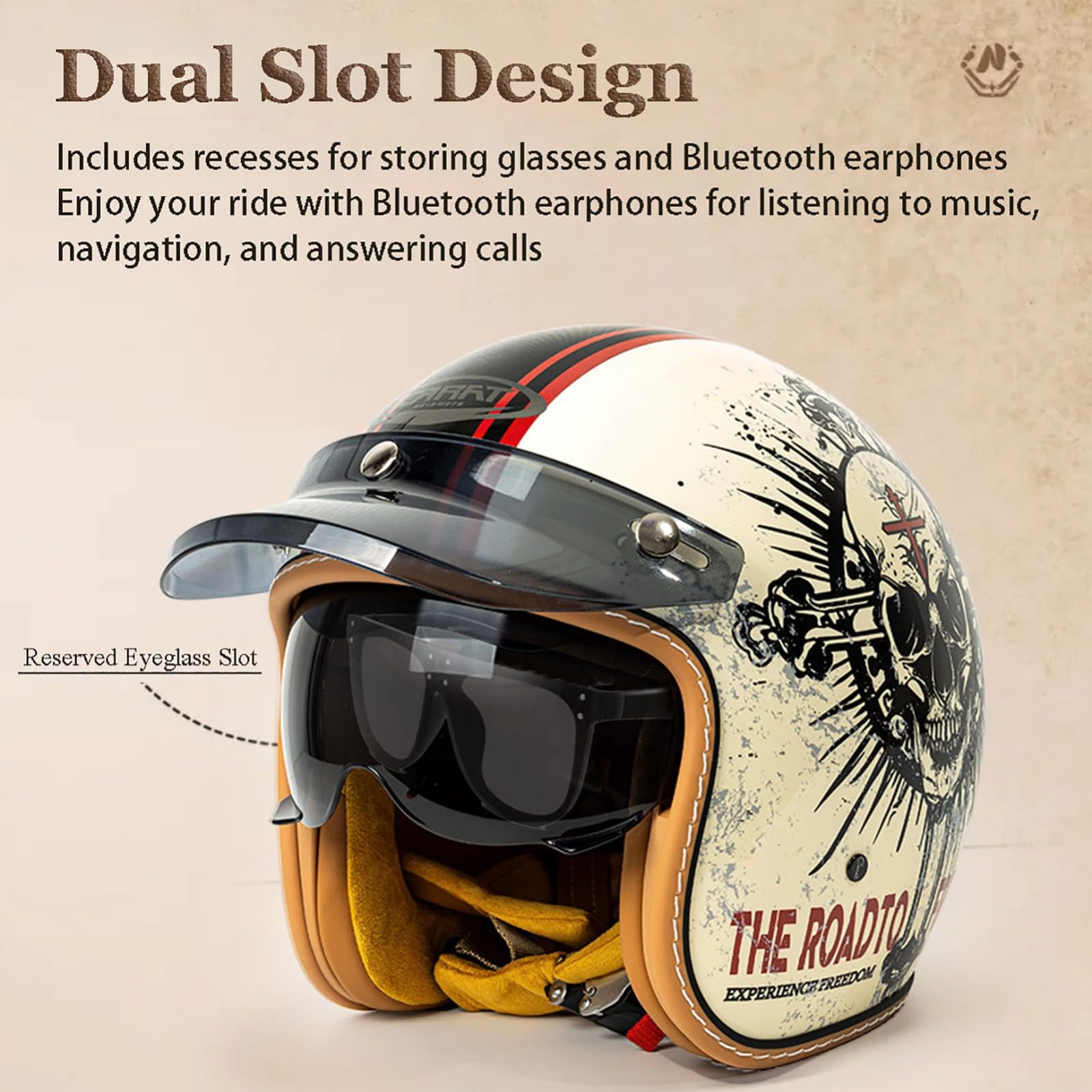 Vintage Motorradhelm Motorrad Halbhelm Offener Halbschalenhelm Damen Herren Retro 3/4 Halbgesichtshelm Mit Sonnenblende, Roller Cruiser Moped Jethelm, ECE/DOT-geprüft 54–63cm