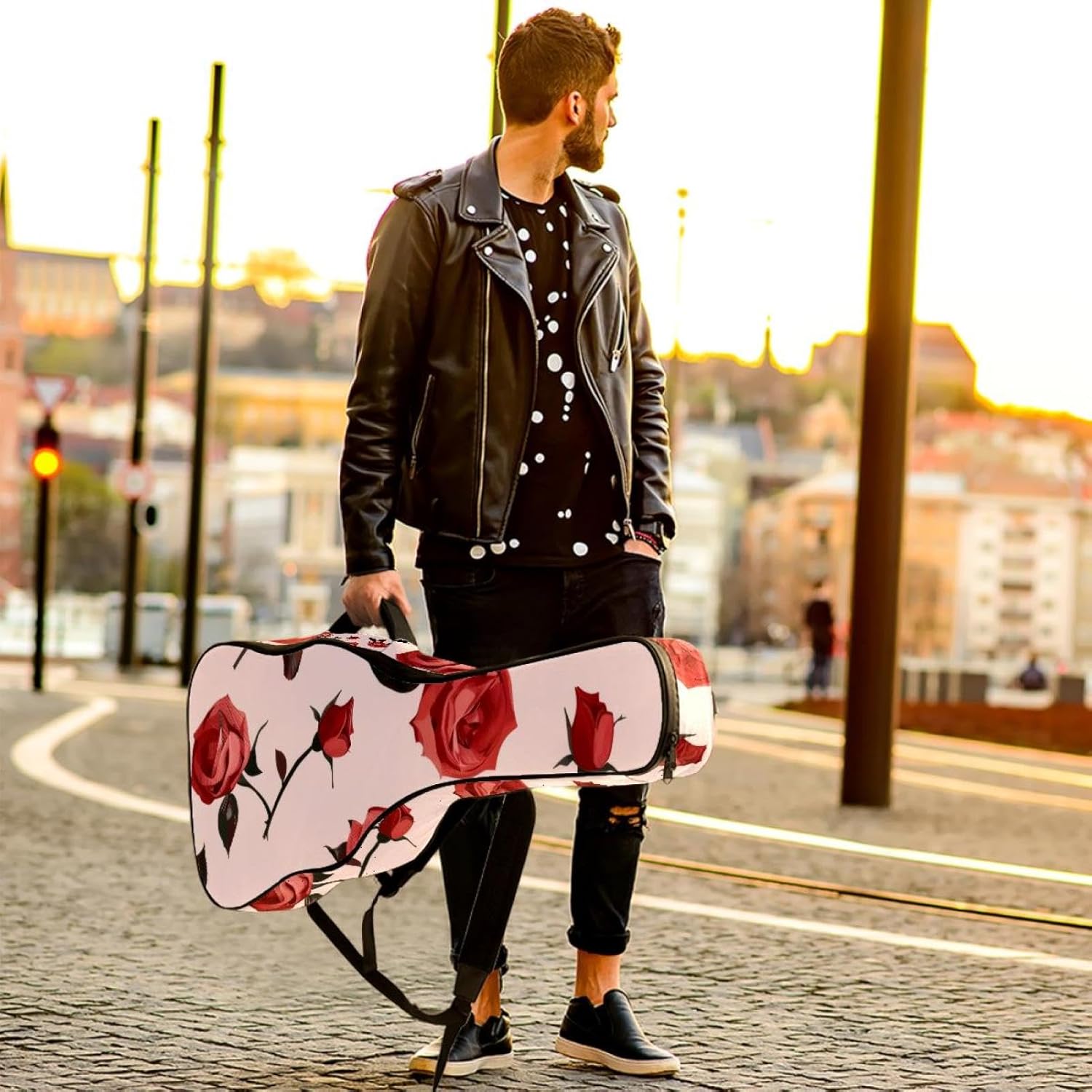 40 41 42 Inch Guitar Bags, Waterproof Padded Acoustic Guitar Case Backpack with Adjustable Shoulder Strap & Pockets, Rose Flowers Seamless Pattern