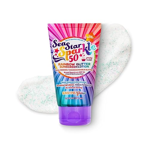 Seastar Sparkle - Protector solar con purpurina perfumada para pastel de fiesta de arcoíris, SPF 50, protector solar biodegradable, para niños,