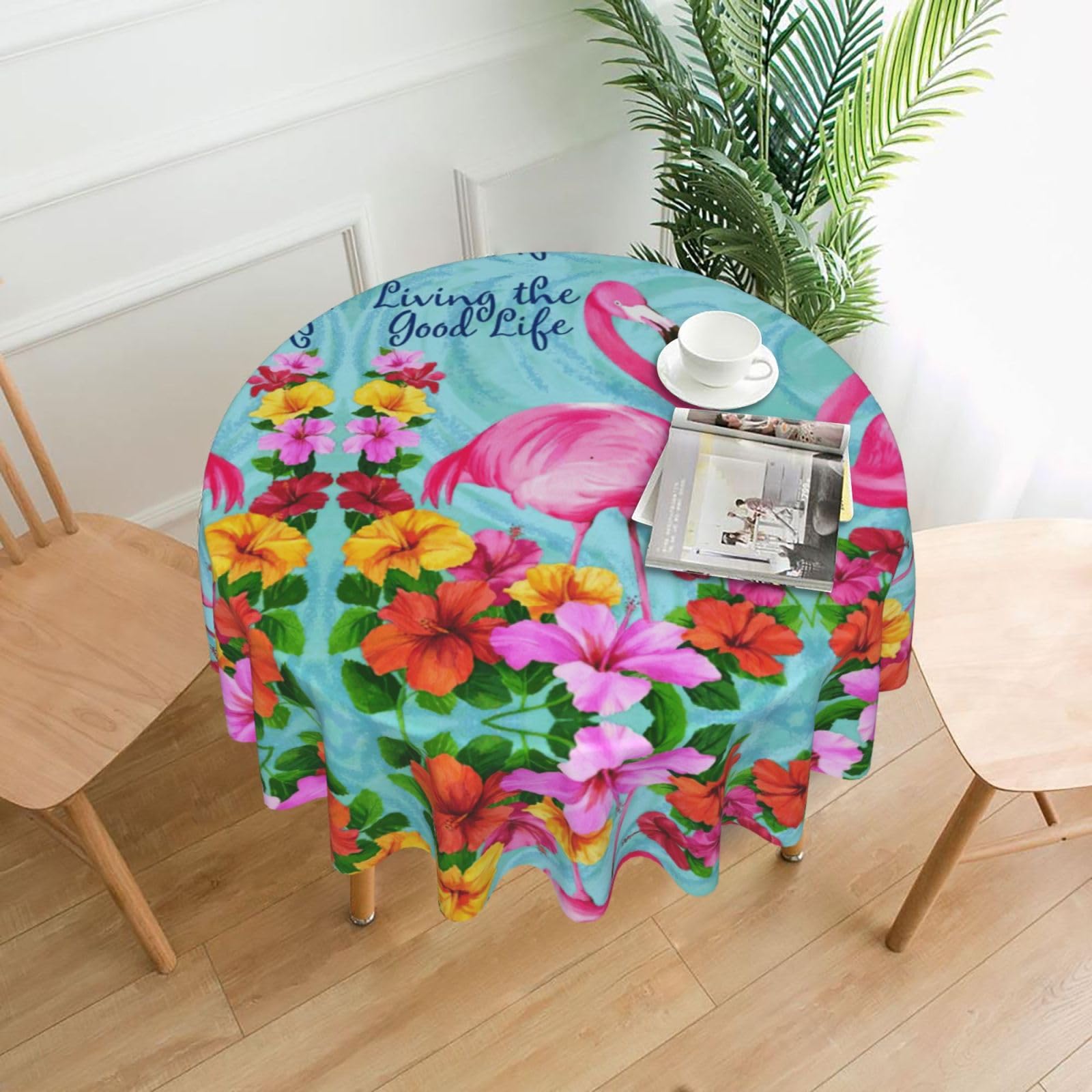Zcmkjlg Flamingo Flowers Print Quick Ship Round Tablecloth 60in Polyester Washable Cover for Dining Room