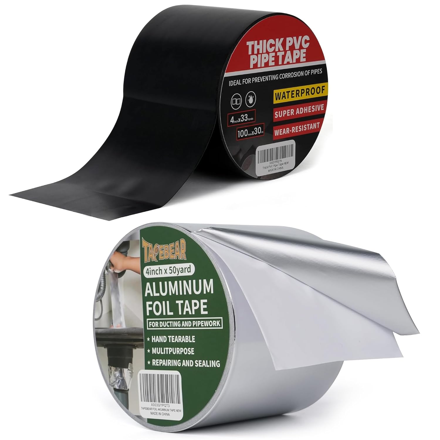 TAPEBEAR 10mil Pipe Wrap Tape Corrosion Protection 4Inch x 33Yard+Aluminum Foil Tape, Aluminum Air Duct Tape 4Inch x 50Yard