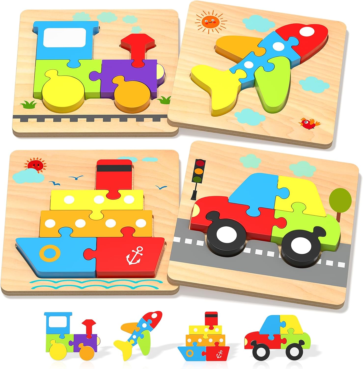 Wooden Puzzles Toddler Toys for 1 2 3 Years Old Boys Girls, 12 Vehicle Shape Learning Educational Blocks Birthday Gifts Sensory Toy Montessori Toys Age 1-3, 2-4