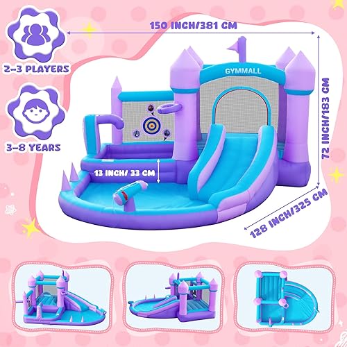 Miniatura 4 de Casa de rebote para niños de 3 a 8 años, castillo inflable grande morado con tobogán de 480 W, soplador de aire para saltar, piscina, baloncesto,