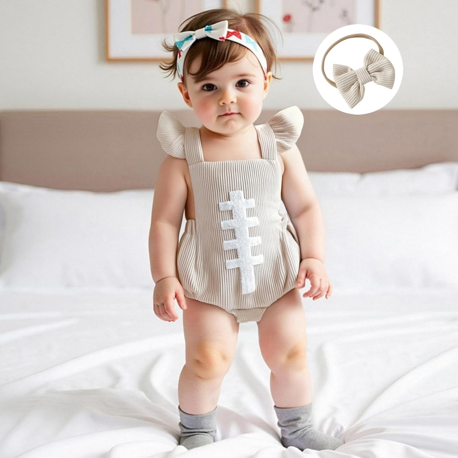 Newborn Baby Girl Football Outfit Football Embroidery Ruffle Sleeveless Corduroy Romper Bodysuit with Headband - Image 3