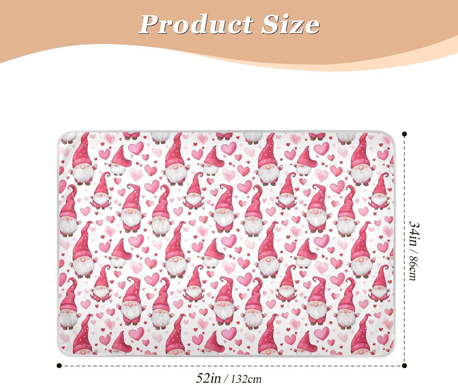 Peach Heart Shape and Gnomes Extra Large Resuable Baby Bed Pad Highly Absorbent Baby Pee Pads Leakproof Quick Drying Incontinence Pads for Infant Toddler , 52" L x 34" W