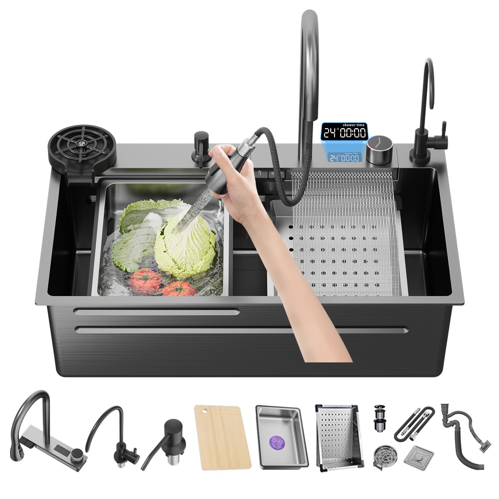 Poukaran BlackGrey Nano Kitchen Sink with Waterfall 31.5x18x9 Inch