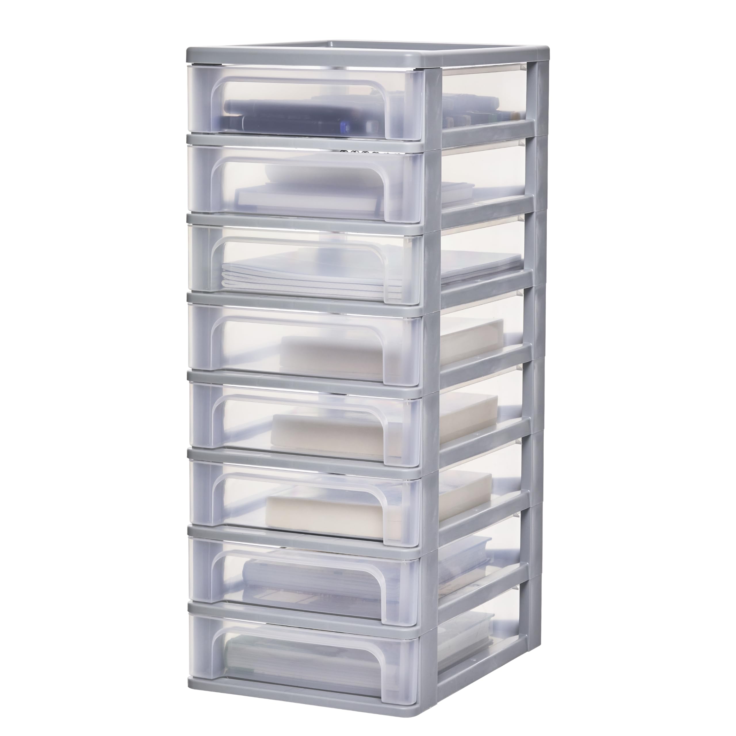 Iris Ohyama Cassettiera in Plastica, Portaoggetti, 8 Cassetti Medi, Grigio, Apertura Facile, Formato A4, A5 e A6, Organizzatore, Per Ufficio, Scuola, Cartoleria, Senza BPA, Contenitore, OCH-2080