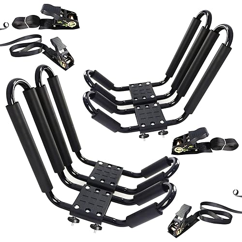 2 Pairs Kayak Rack J-Bar Car Roof Rack for Canoe Carrier SUP Paddle Surfboard Mount on Car SUV and Truck Crossbar, Includes 4 Pcs Roof Rack Tie Down Straps.