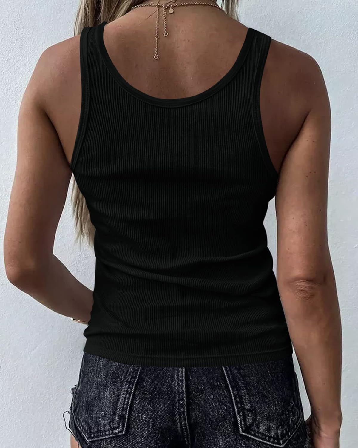 Womens Sexy V Neck Tank Shirts Top Sleeveless Casual Basic Drawstring Rib Knit Tops - Image 2