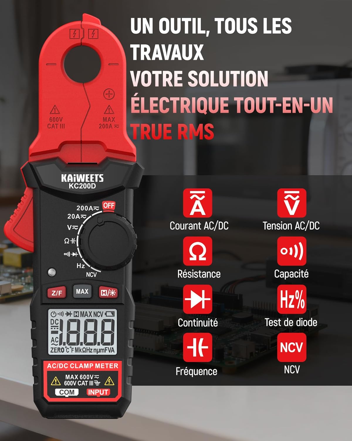 KAIWEETS KC200D Digital Clamp Meter showing all measurement functions